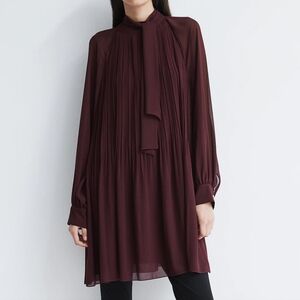 H&M Tie-Neck Plissé Dress Burgundy M